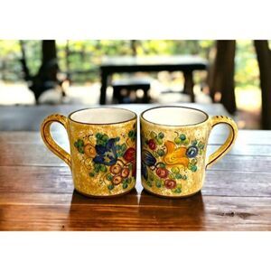 Set of 2 San Gimignano Floral Italian Art Pottery Coffee Cups Mugs Italy Flowers